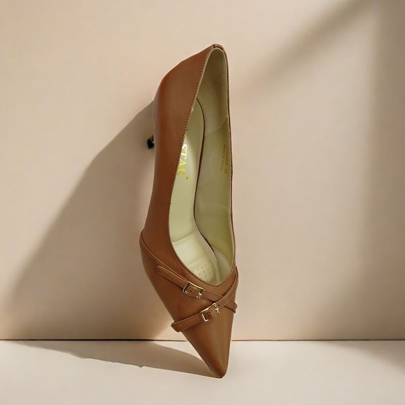 SS24005 Leather court shoes with small buckles in Black and Tan ladies shoes Sam Star shoes