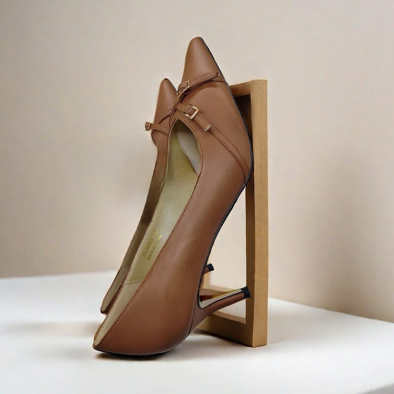 SS24005 Leather court shoes with small buckles in Black and Tan ladies shoes Sam Star shoes