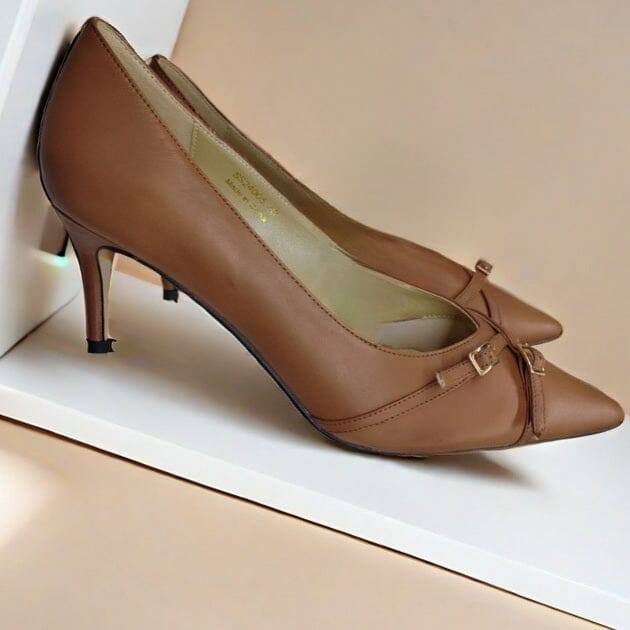SS24005 Leather court shoes with small buckles in Black and Tan ladies shoes Sam Star shoes