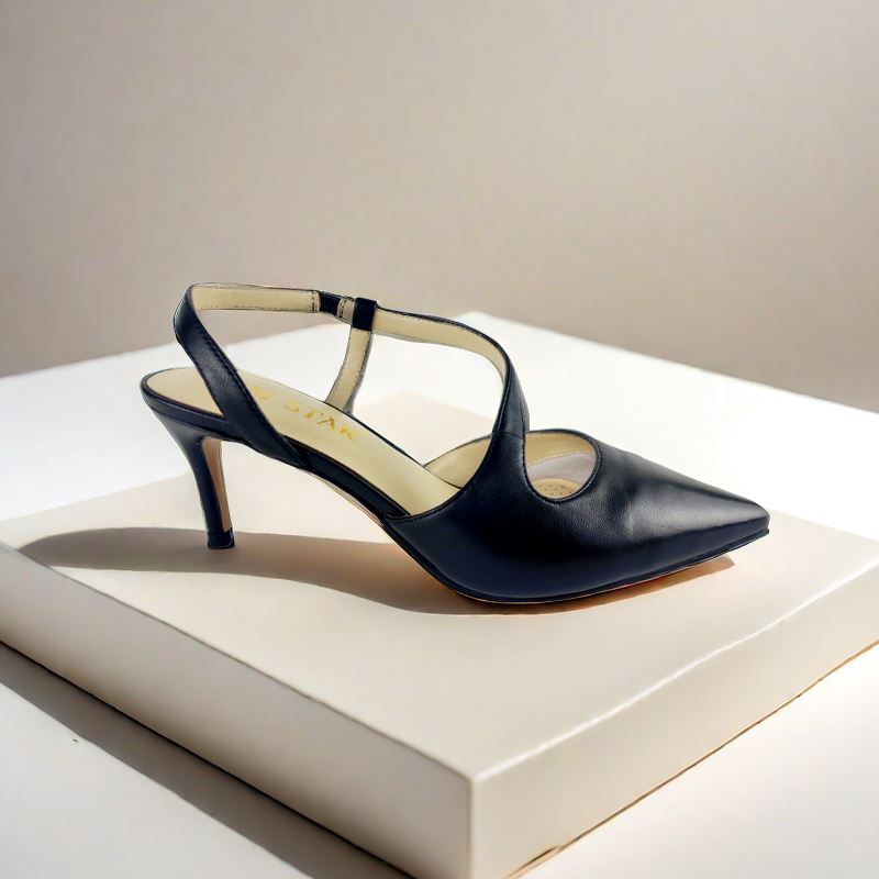 SS24004 Leather court shoes in sling back heel in Black and silver ladies shoes Sam Star shoes