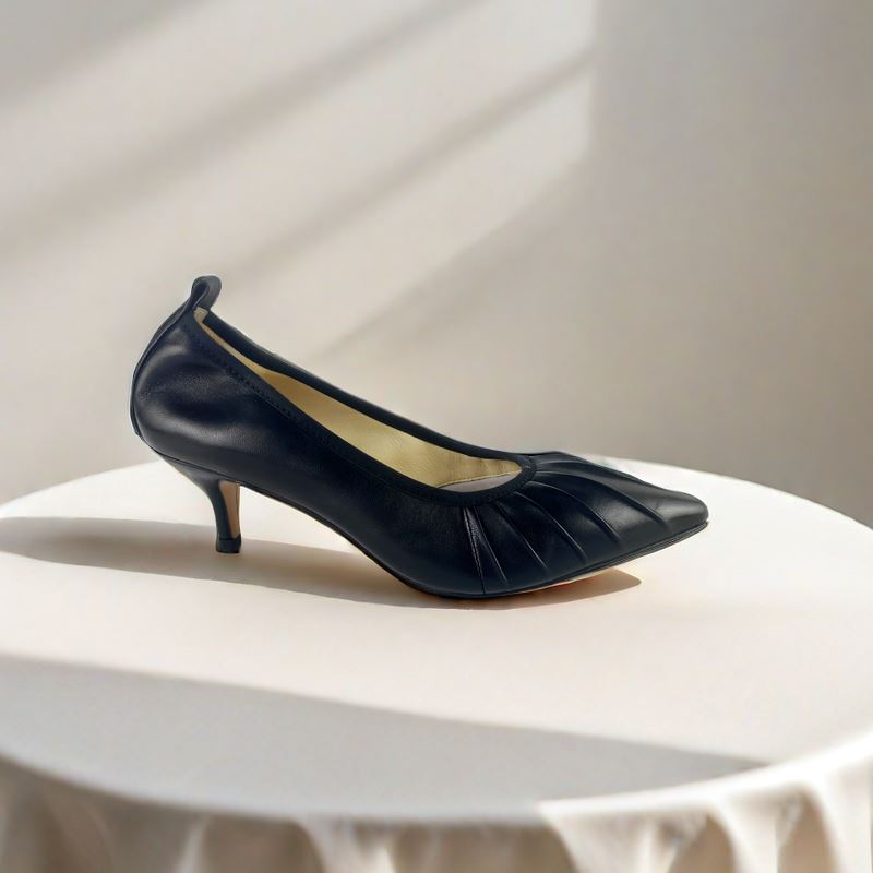 SS24003 Leather court shoes with gathering detail with elastic in Black ladies shoes Sam Star shoes Black 36/3
