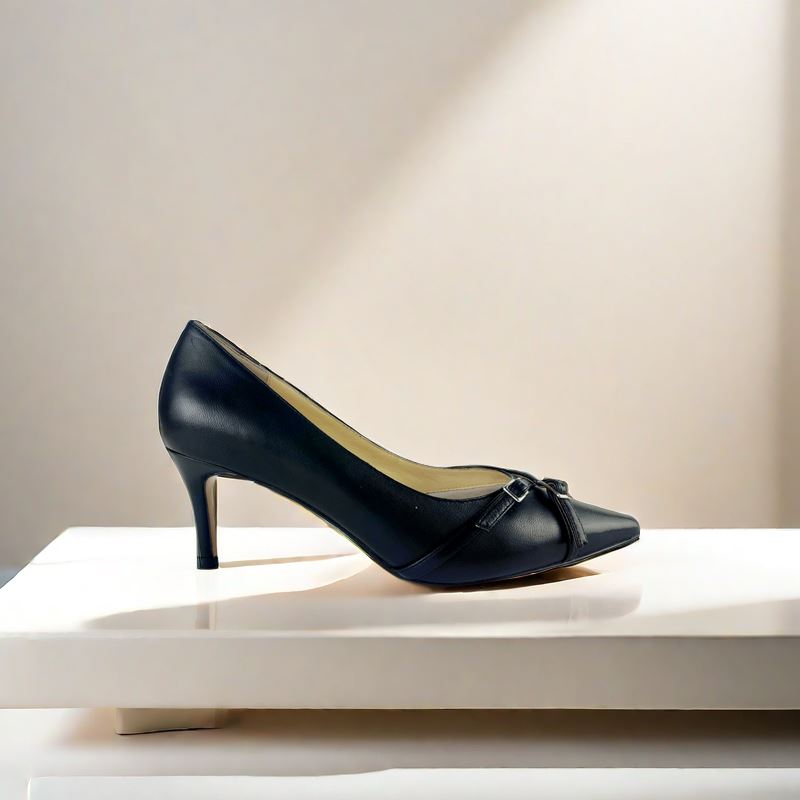 SS24005 Leather court shoes with small buckles in Black and Tan ladies shoes Sam Star shoes