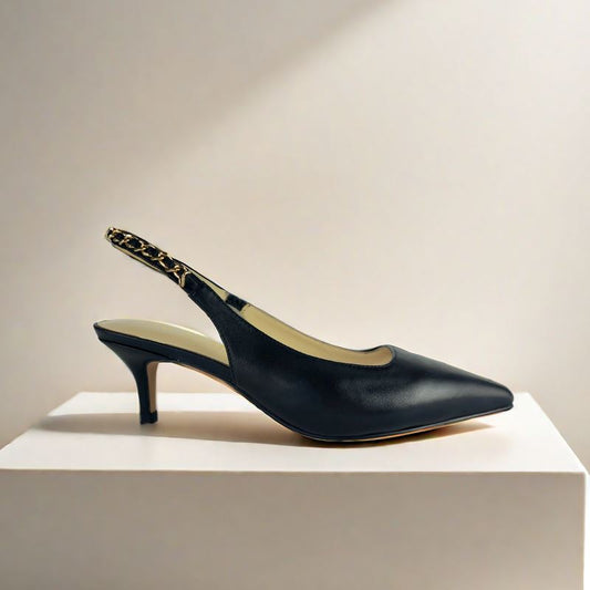 SS24002 Leather court shoes sling back with chain detail - Black ladies shoes Sam Star shoes Black 36/3