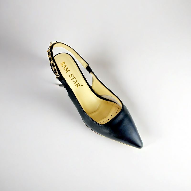 SS24002 Leather court shoes sling back with chain detail - Black ladies shoes Sam Star shoes