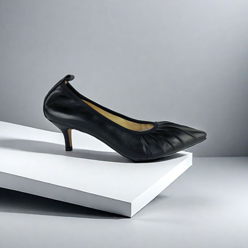 SS24003 Leather court shoes with gathering detail with elastic in Black ladies shoes Sam Star shoes