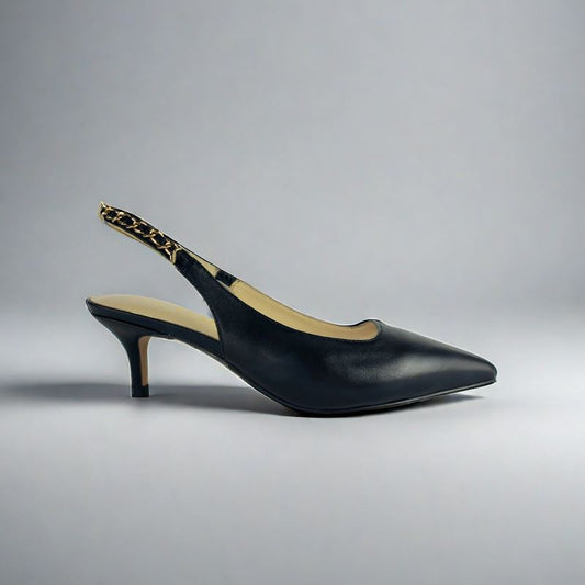 SS24002 Leather court shoes sling back with chain detail - Black ladies shoes Sam Star shoes
