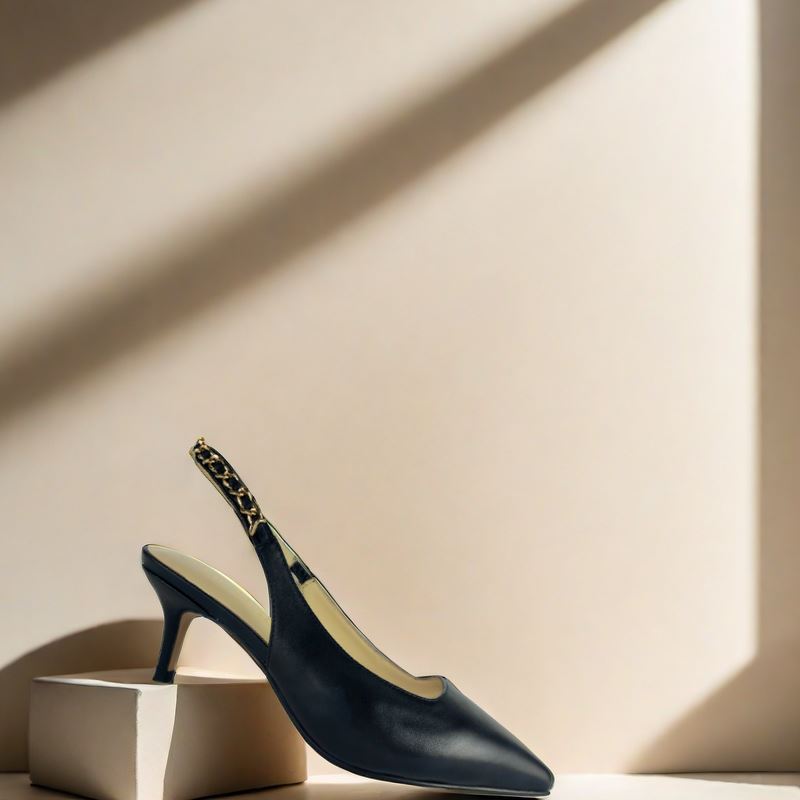 SS24002 Leather court shoes sling back with chain detail - Black ladies shoes Sam Star shoes