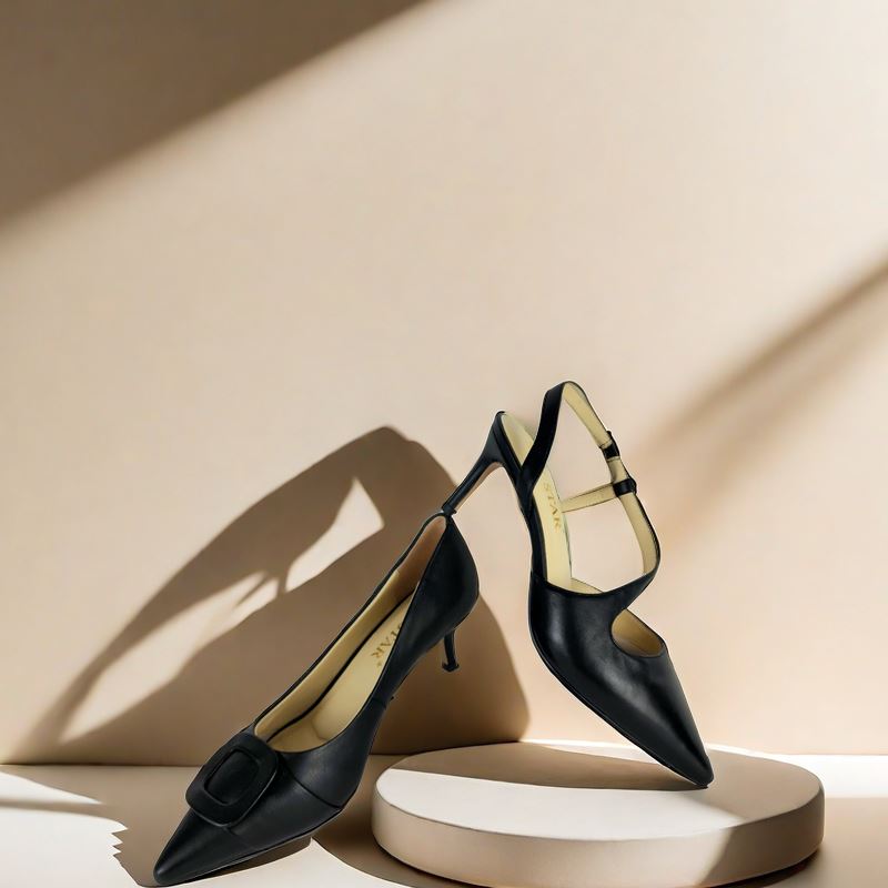 SS24004 Leather court shoes in sling back heel in Black and silver ladies shoes Sam Star shoes