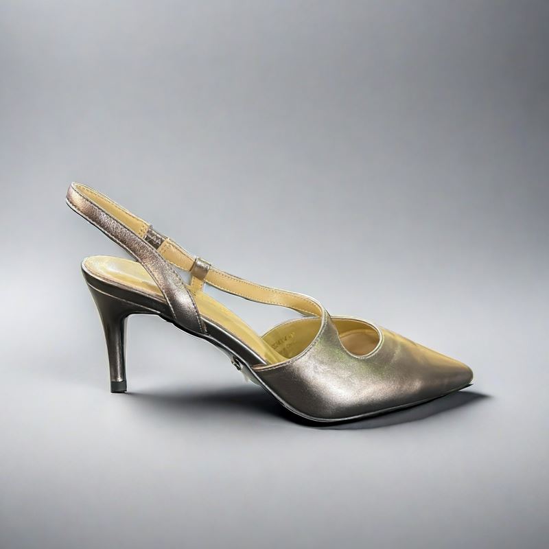 SS24004 Leather court shoes in sling back heel in Black and silver ladies shoes Sam Star shoes