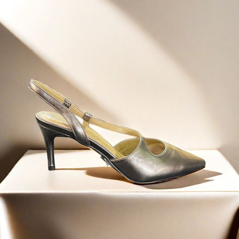 SS24004 Leather court shoes in sling back heel in Black and silver ladies shoes Sam Star shoes