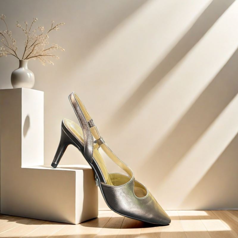 SS24004 Leather court shoes in sling back heel in Black and silver ladies shoes Sam Star shoes