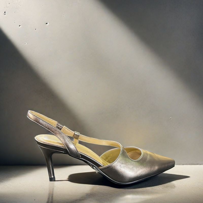 SS24004 Leather court shoes in sling back heel in Black and silver ladies shoes Sam Star shoes