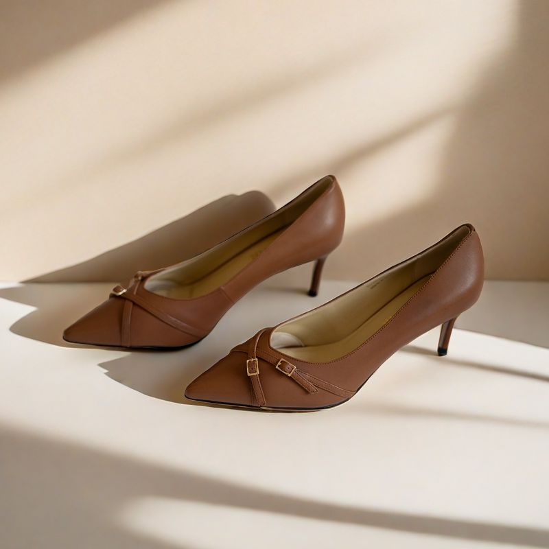 SS24005 Leather court shoes with small buckles in Black and Tan ladies shoes Sam Star shoes