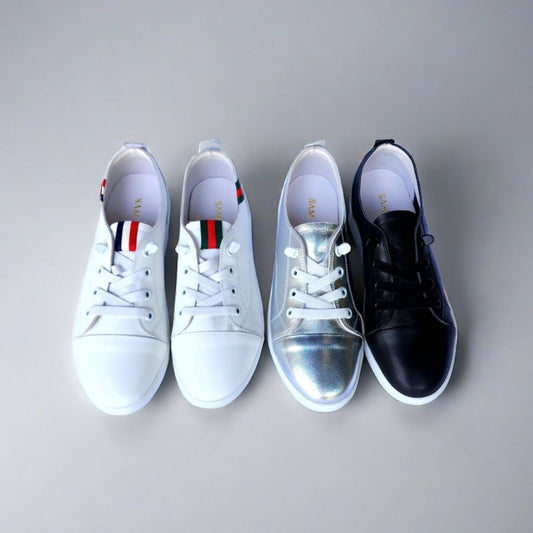 SS24007 Genuine leather sneakers with cushions - White, Black and Silver sneakers Sam Star Shoes