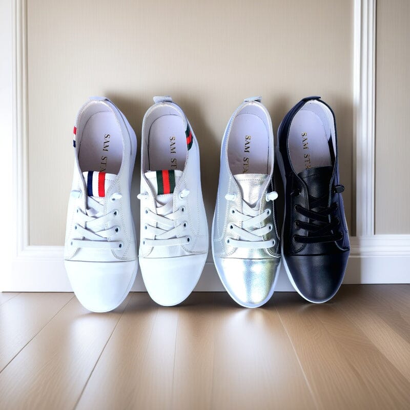 SS24007 Genuine leather sneakers with cushions - White, Black and Silver sneakers Sam Star Shoes