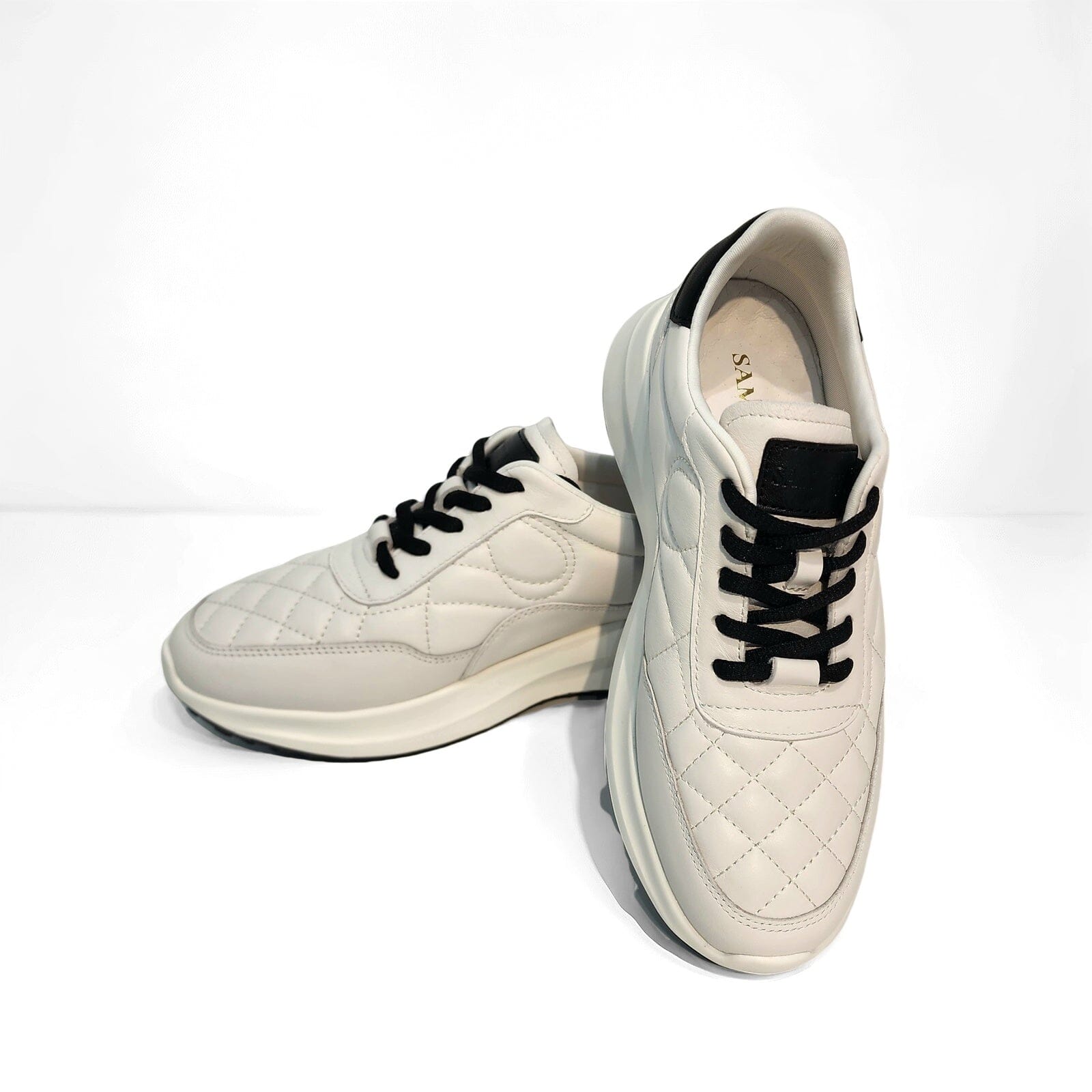 SS25003 Leather sneakers with quilted detail & cushion sole in Black & White sneakers Sam Star shoes