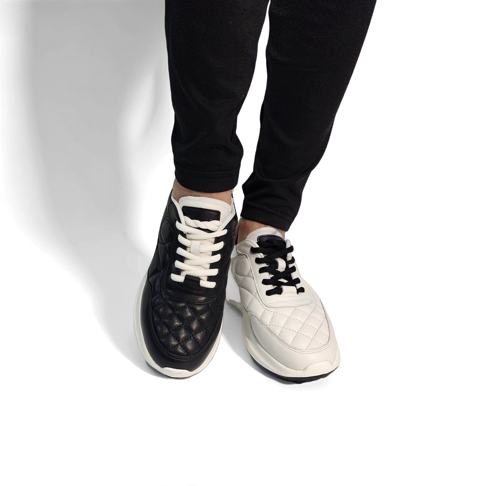 SS25003 Leather sneakers with quilted detail & cushion sole in Black & White sneakers Sam Star shoes
