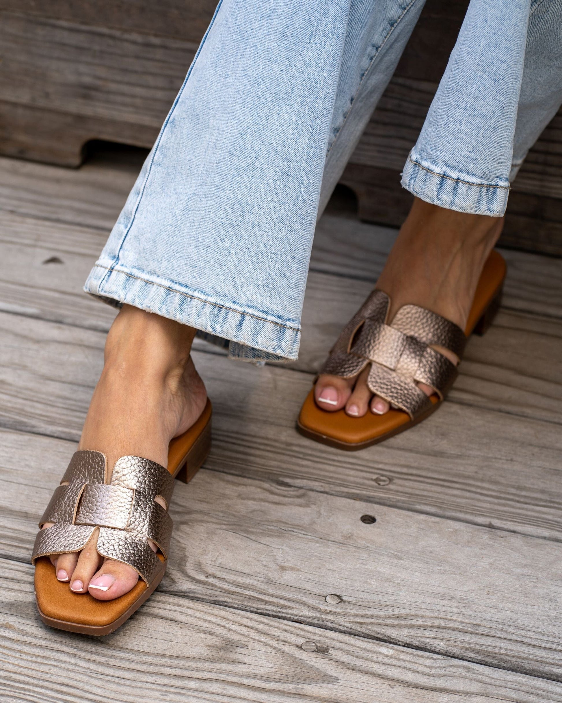 5343 Spanish leather flat sandals with cushioned sole slider Gold and Green sandals Sam Star Shoes