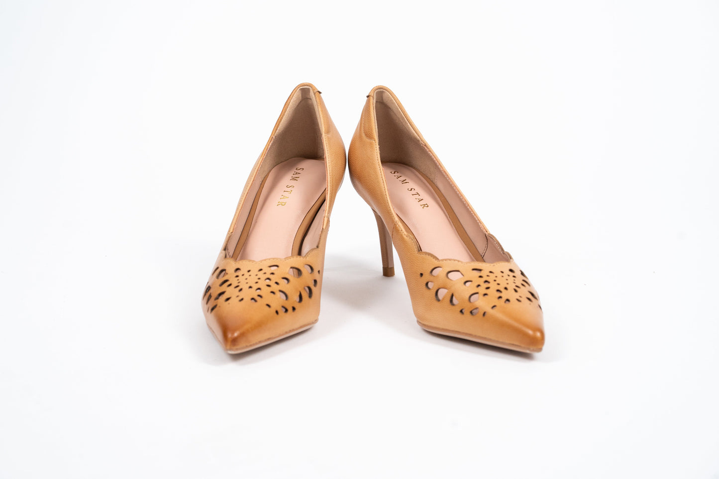 SS23008 Laser Cut Leather Court Shoes with extra cushion in Tan ladies shoes Sam Star Shoes