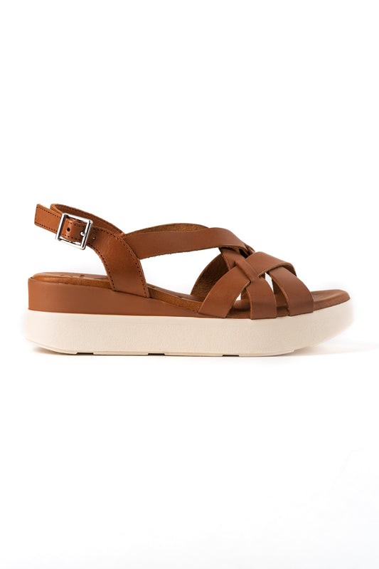 5188 Spanish leather crossed strappy sandals/wedge in Tan and Navy sandals Sam Star Shoes Tan 37/4