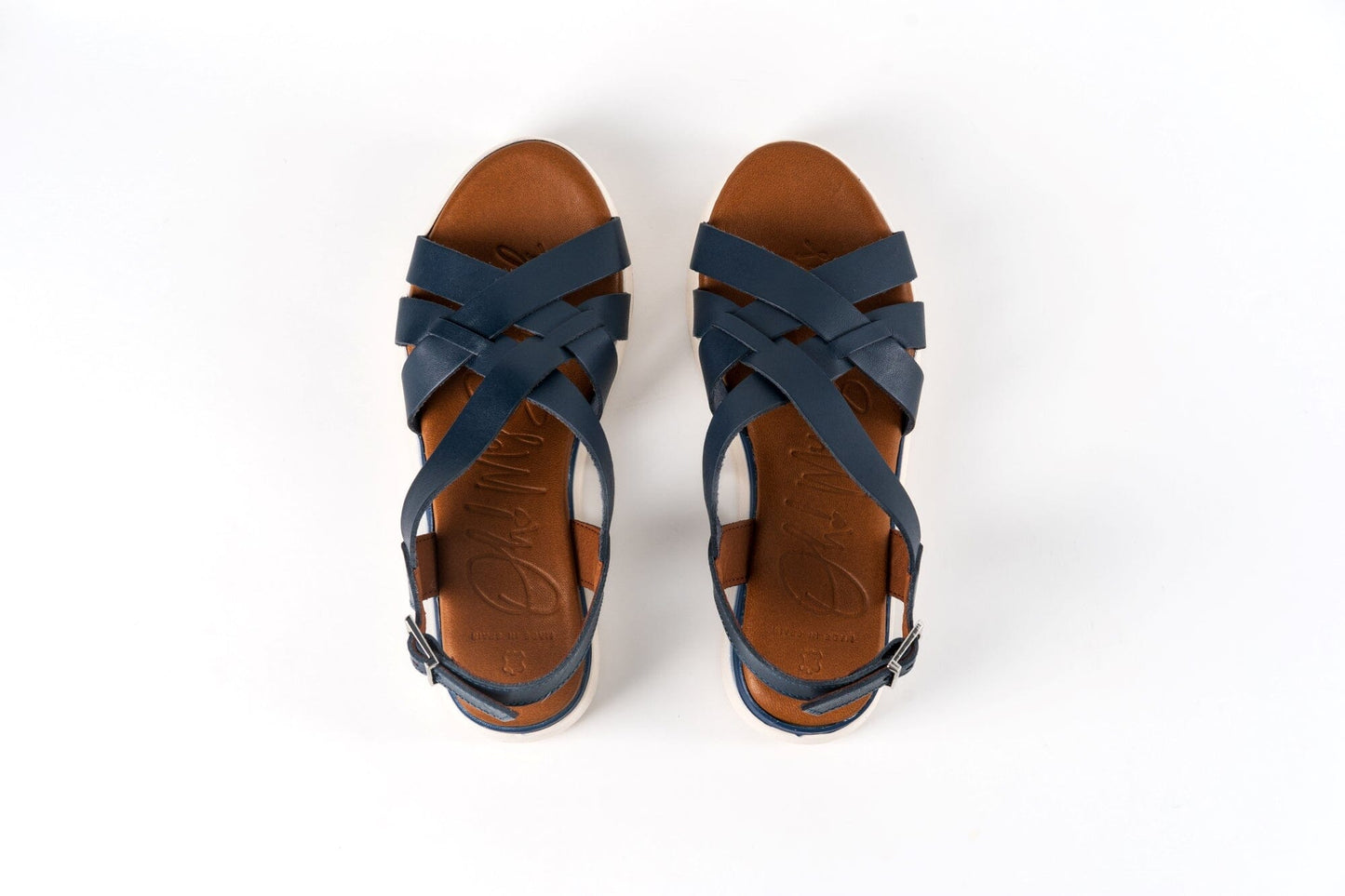 5188 Spanish leather crossed strappy sandals/wedge in Tan and Navy sandals Sam Star Shoes