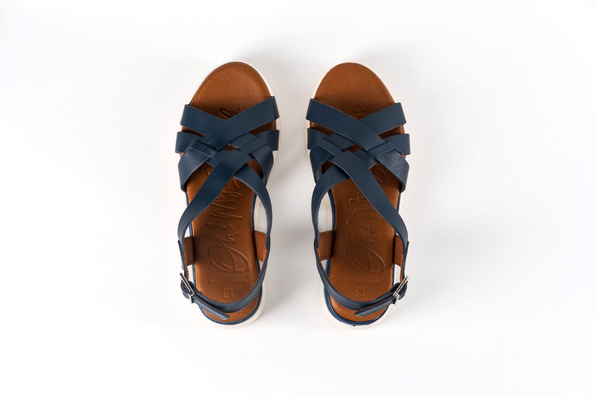 5188 Spanish leather crossed strappy sandals/wedge in Tan and Navy sandals Sam Star Shoes