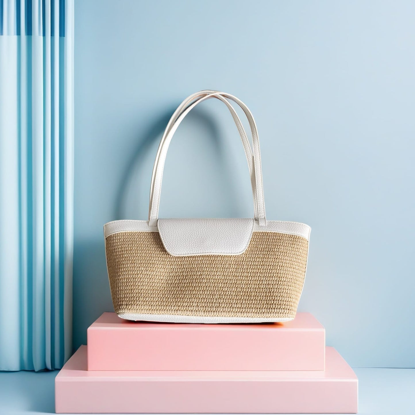 SS70189 Woven basket bag in White and Brown Sam Star Shoes