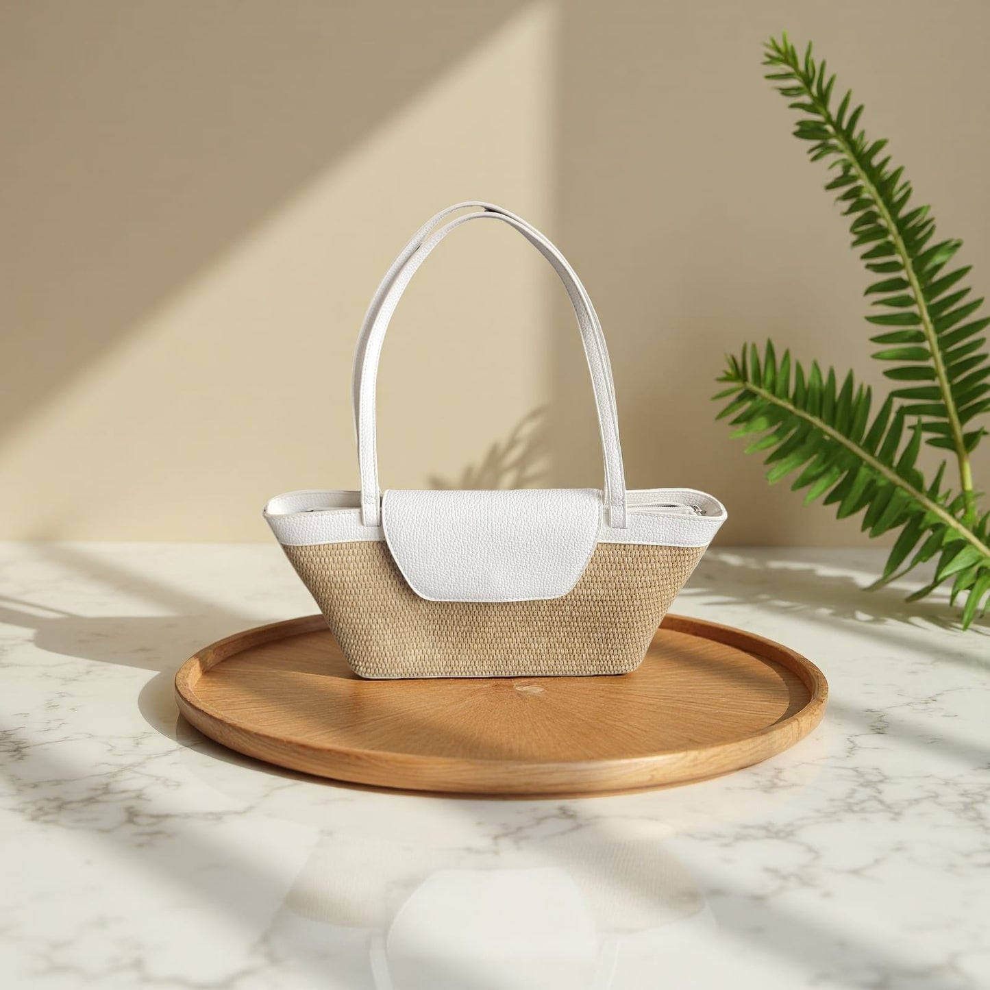 SS70189 Woven basket bag in White and Brown Sam Star Shoes