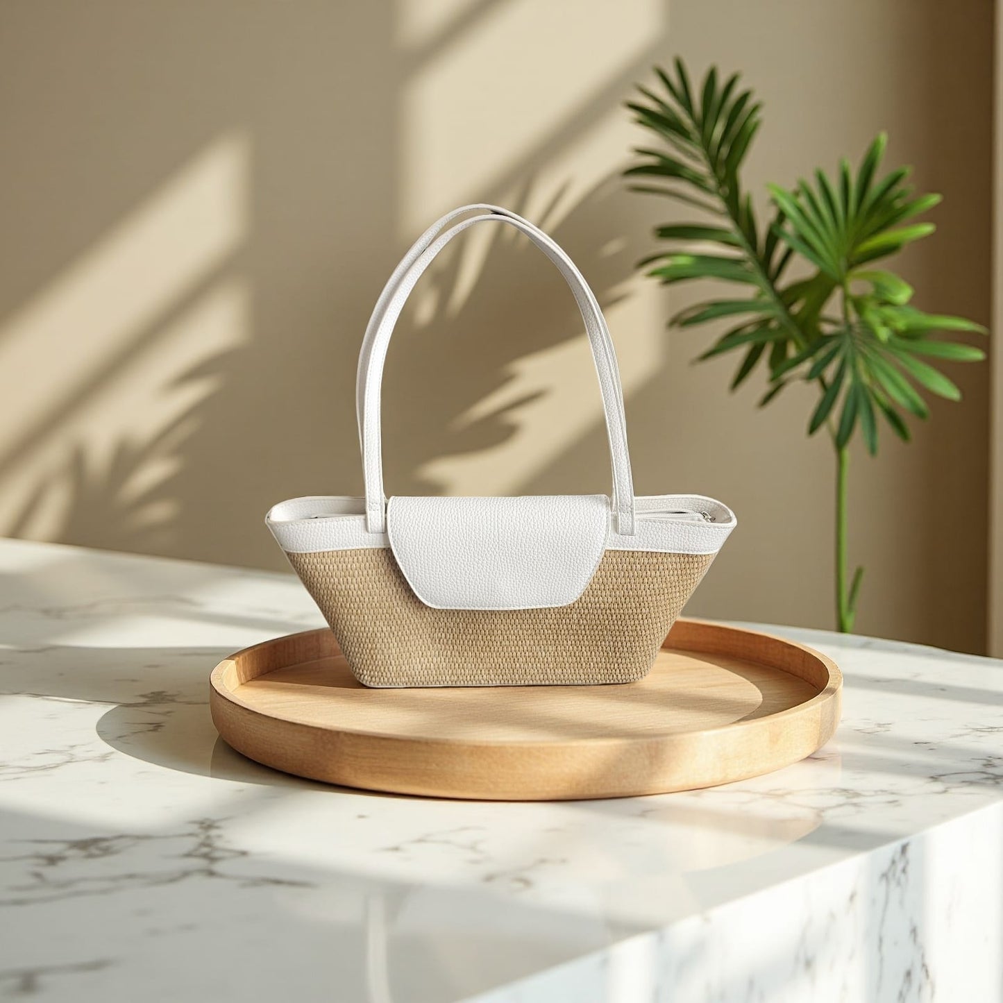 SS70189 Woven basket bag in White and Brown Sam Star Shoes