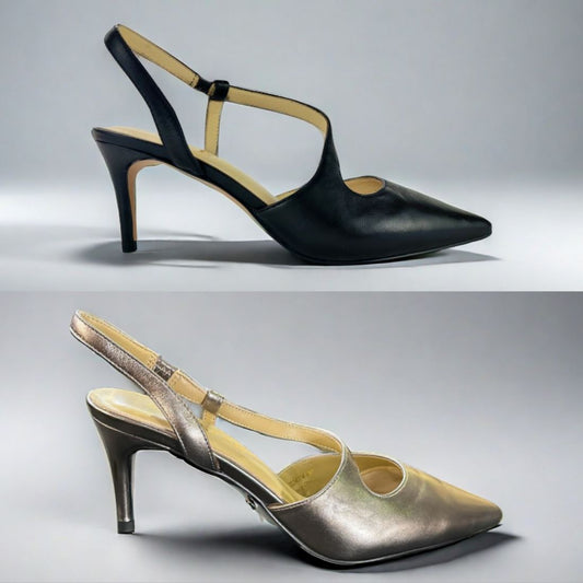 SS24004 Leather court shoes in sling back heel in Black and silver ladies shoes Sam Star shoes