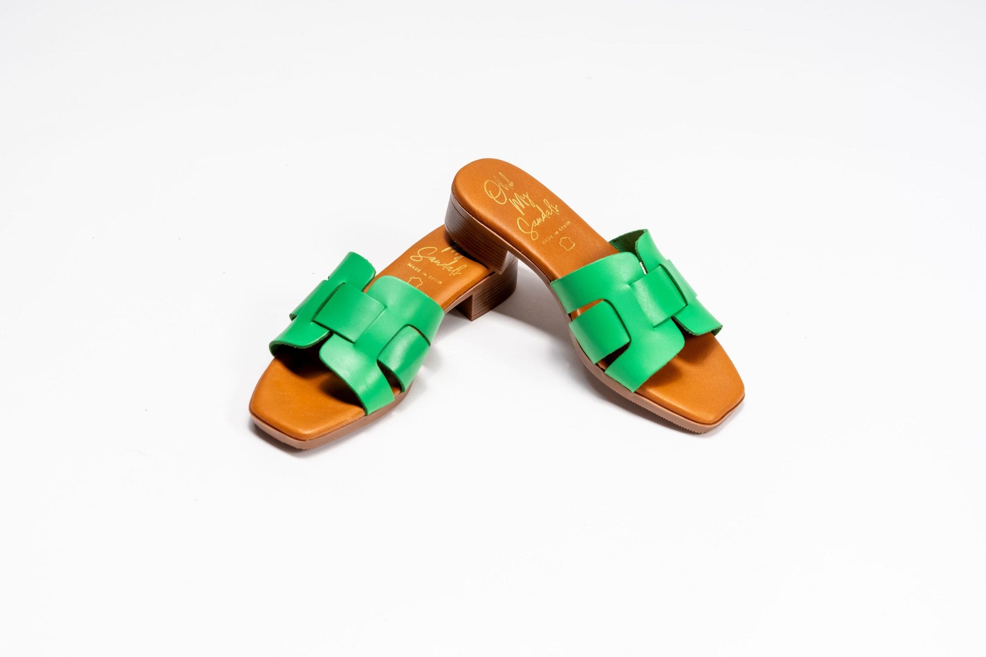 5343 Spanish leather flat sandals with cushioned sole slider Gold and Green sandals Sam Star Shoes