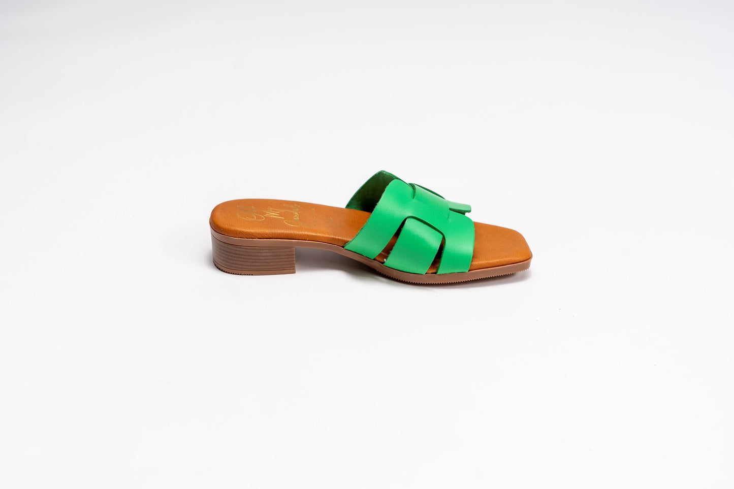 5343 Spanish leather flat sandals with cushioned sole slider Gold and Green sandals Sam Star Shoes