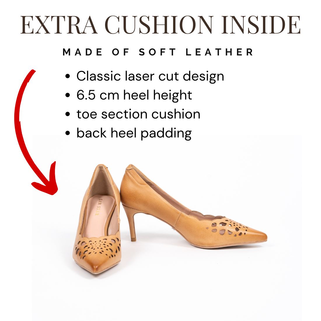 SS23008 Laser Cut Leather Court Shoes with extra cushion in Tan ladies shoes Sam Star Shoes