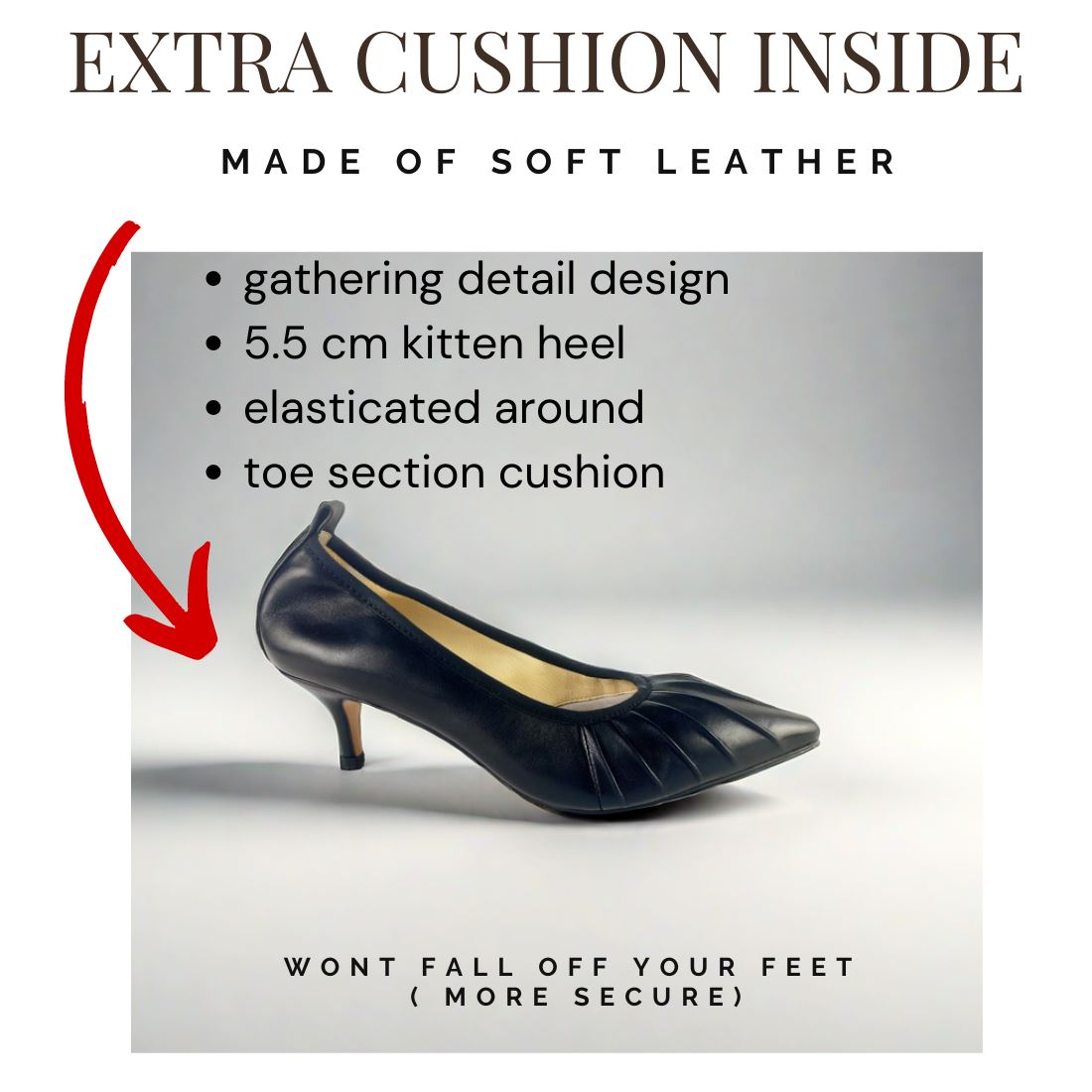 SS24003 Leather court shoes with gathering detail with elastic in Black ladies shoes Sam Star shoes