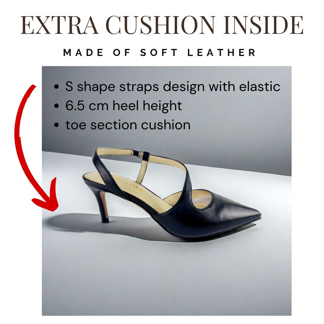 SS24004 Leather court shoes in sling back heel in Black and silver ladies shoes Sam Star shoes