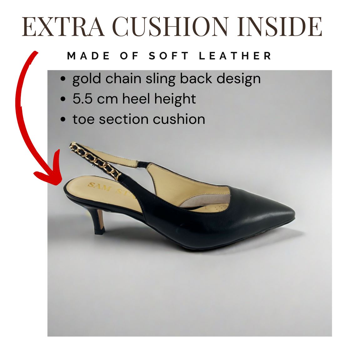 SS24002 Leather court shoes sling back with chain detail - Black ladies shoes Sam Star shoes