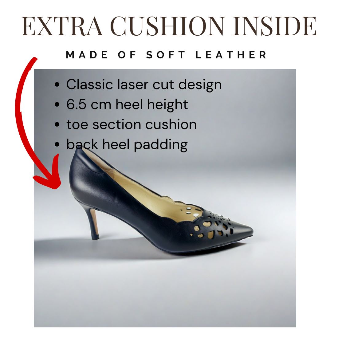 SS23008 Laser Cut Leather Court Shoes with extra cushion in Black ladies shoes Sam Star Shoes