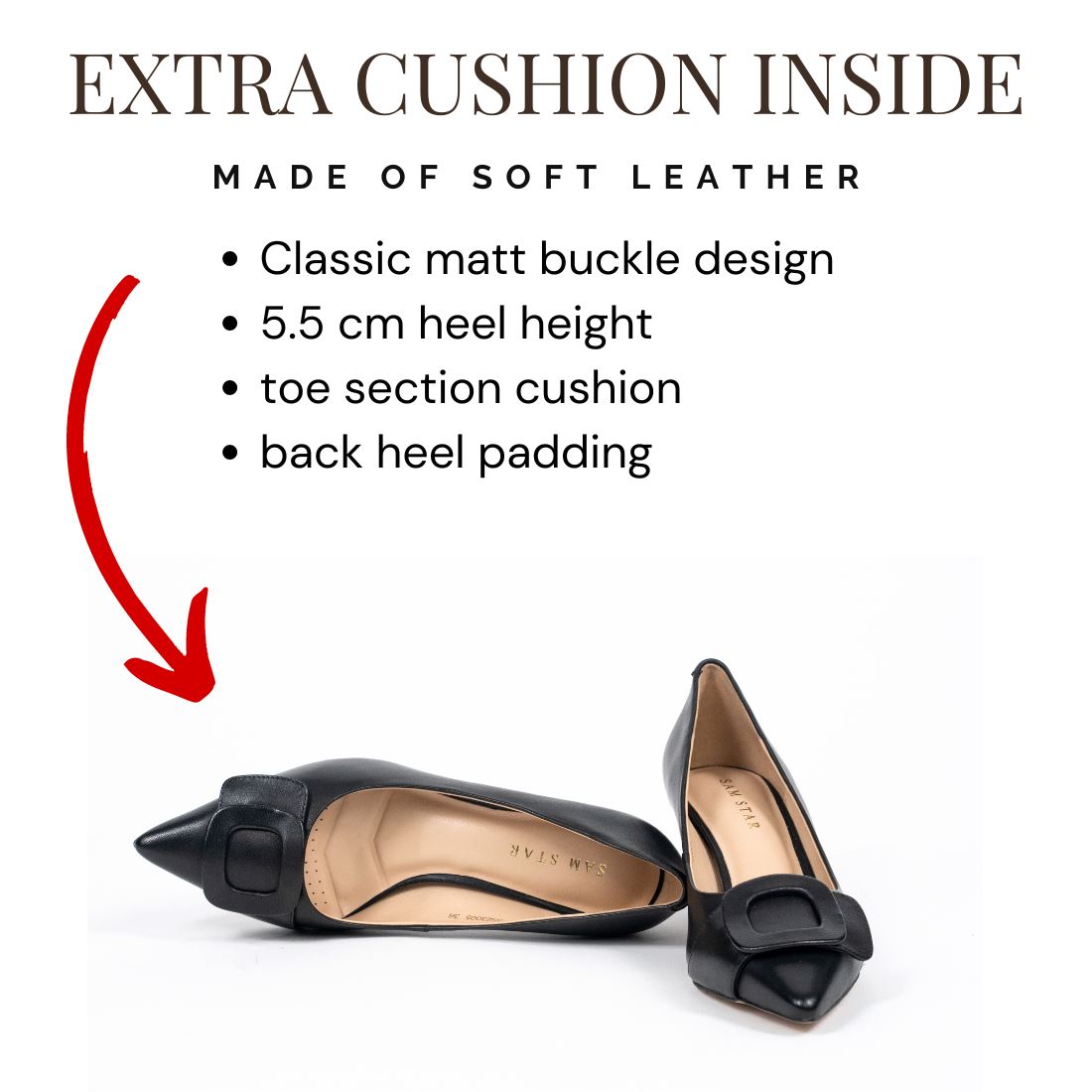SS23005 Leather court shoes with buckle - Black ladies shoes Sam Star shoes