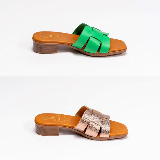 5343 Spanish leather flat sandals with cushioned sole slider Gold and Green sandals Sam Star Shoes