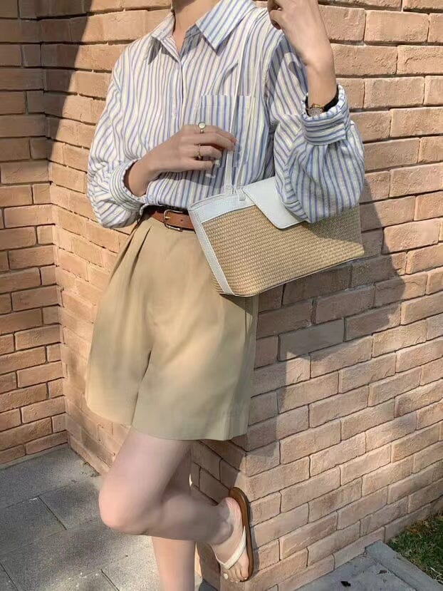 SS-70189 Woven basket bag in White and Brown Sam Star Shoes