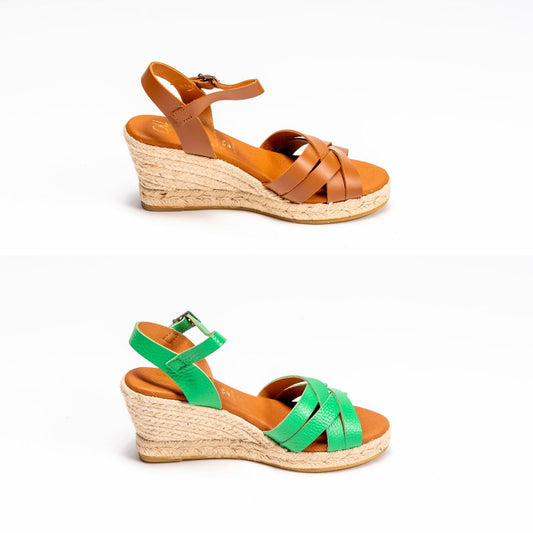 5486 Spanish leather crossed strappy wedge in green and tan sandals Sam Star Shoes