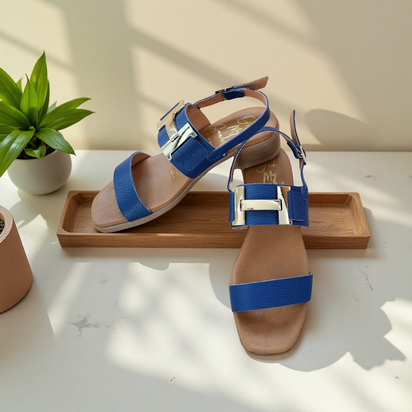 5606 Spanish leather sandals with gold buckle in Navy (New) sandals Sam Star Shoes