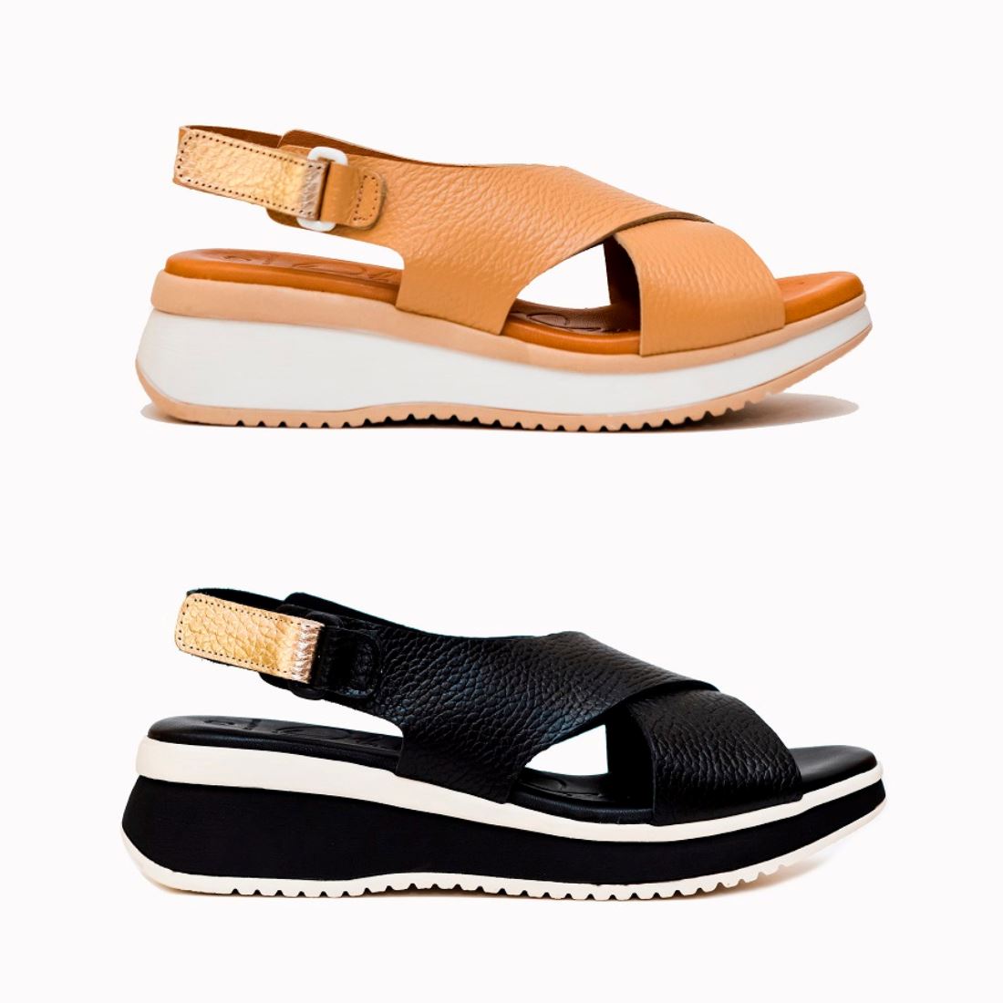 5412 Spanish leather crossed strap sandals/wedge in Tan and Black sandals Sam Star Shoes