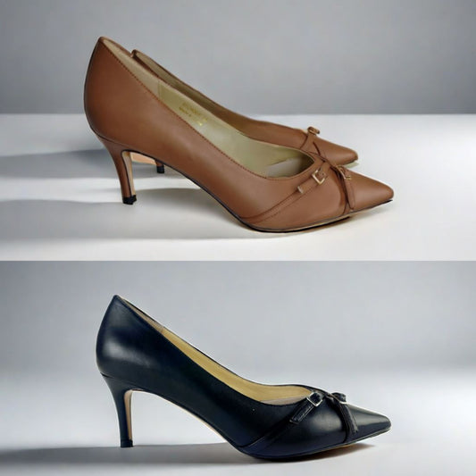 SS24005 Leather court shoes with small buckles in Black and Tan ladies shoes Sam Star shoes