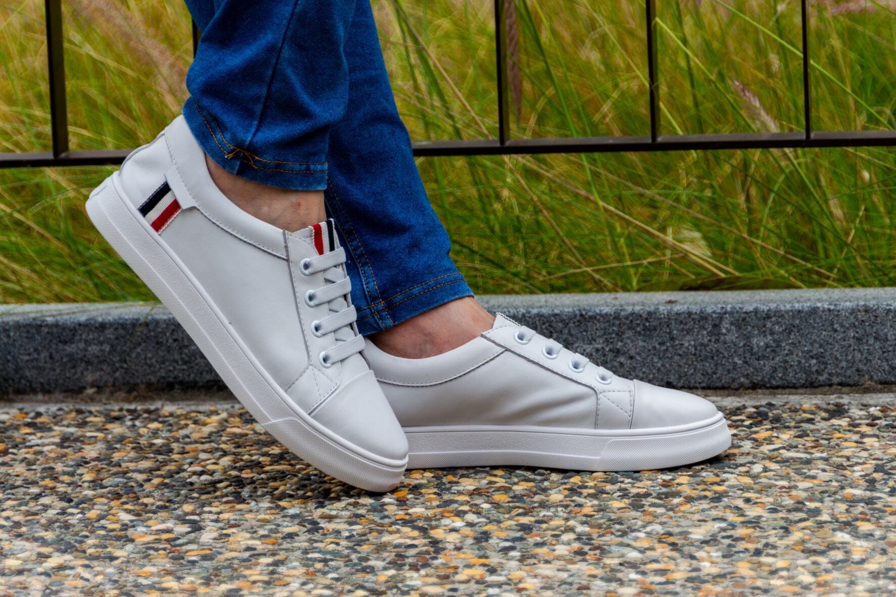 SS22003 Genuine leather sneakers with extra cushions- White with Blue/Red ribbons sneakers Sam Star Shoes 