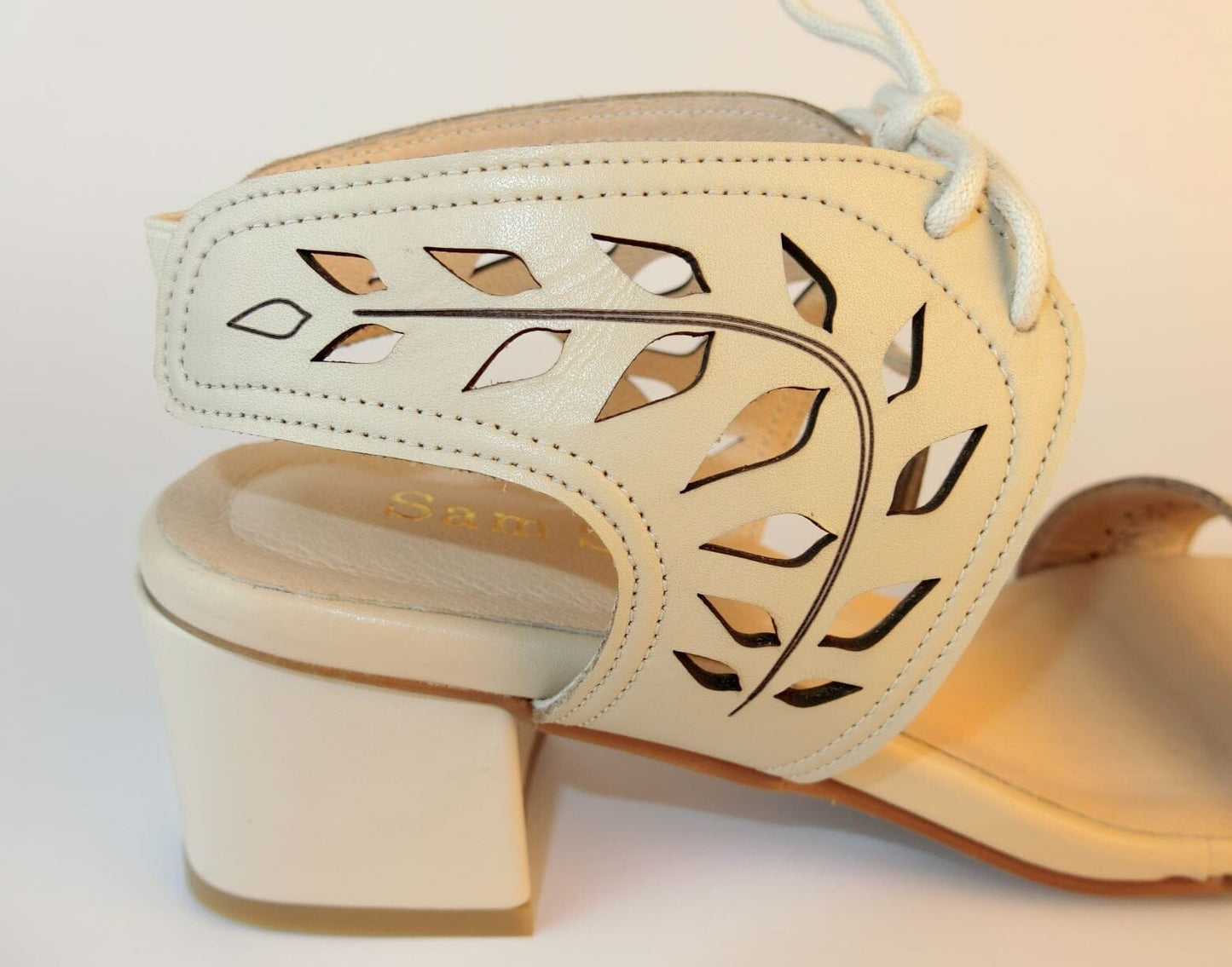 SS21002 Leather laser cut block heel sandals in Tan and Beige sandals Sam Star Shoes