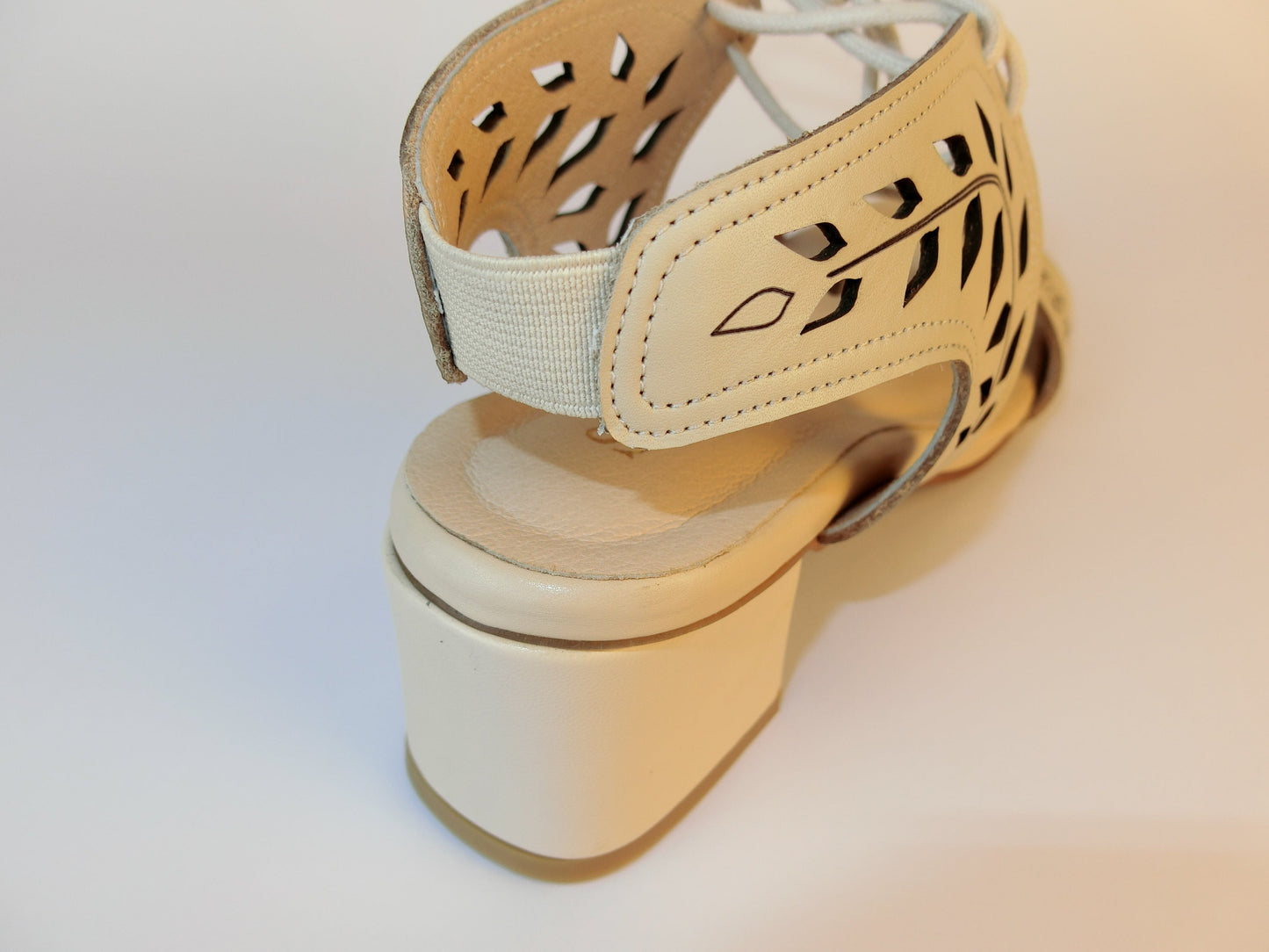 SS21002 Leather laser cut block heel sandals in Tan and Beige sandals Sam Star Shoes 
