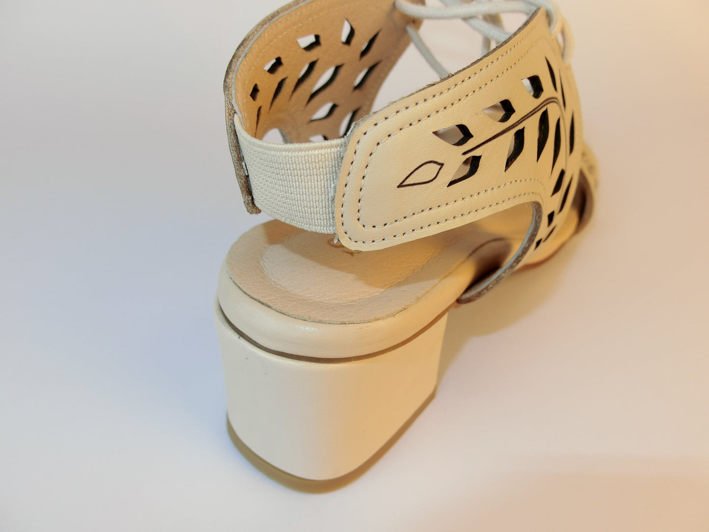 SS21002 Leather laser cut block heel sandals in Tan and Beige sandals Sam Star Shoes