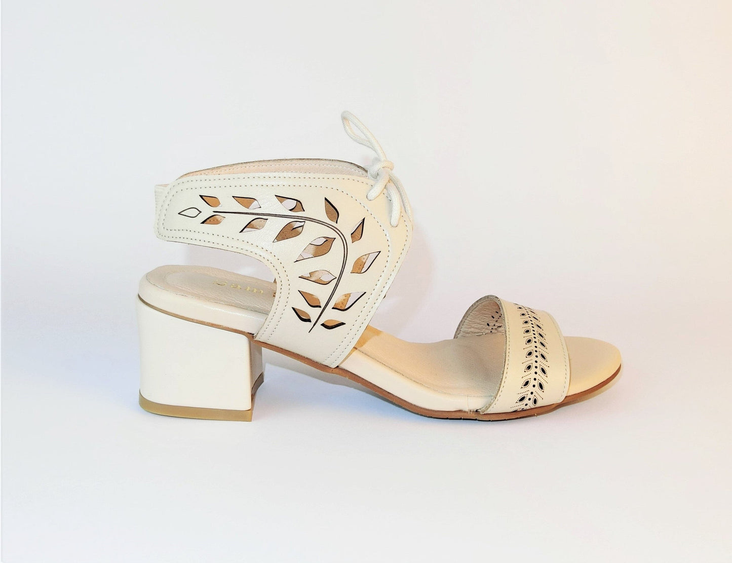 SS21002 Leather laser cut block heel sandals in Tan and Beige sandals Sam Star Shoes Beige 36 (3)