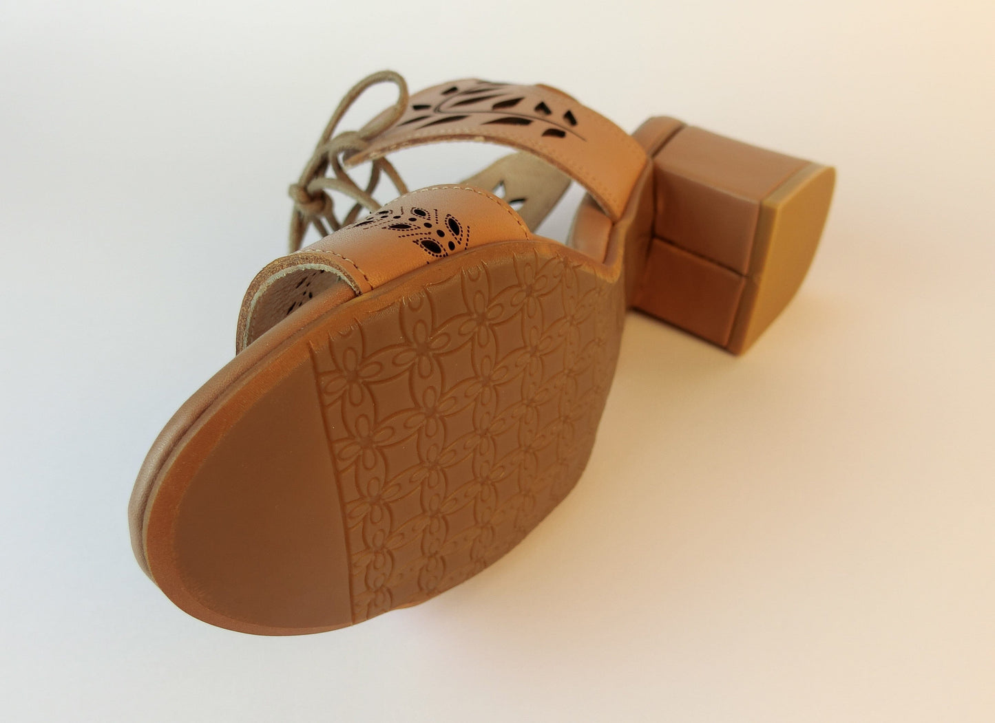 SS21002 Leather laser cut block heel sandals in Tan and Beige sandals Sam Star Shoes